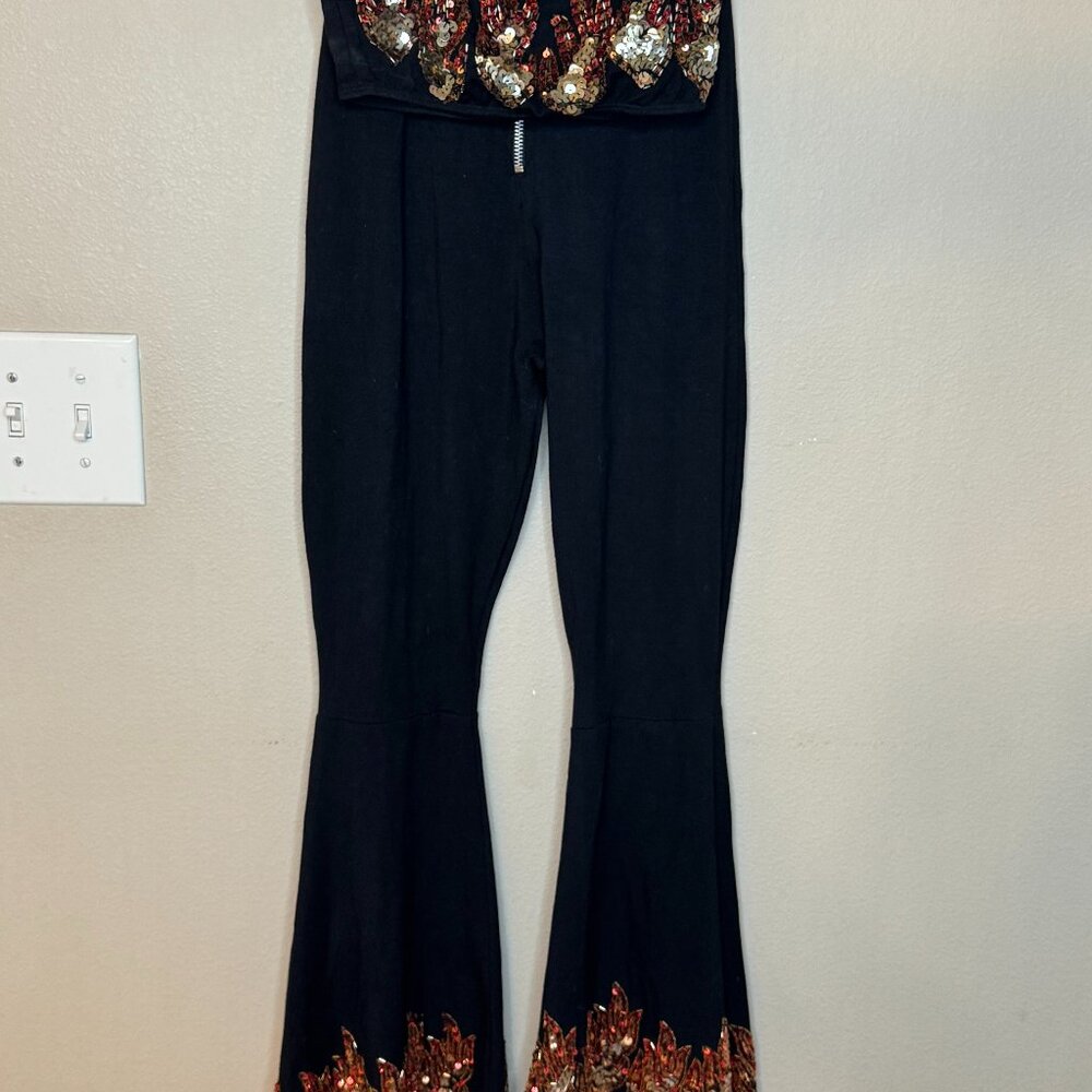 Black Flared Pants with Sequin Trim - Women